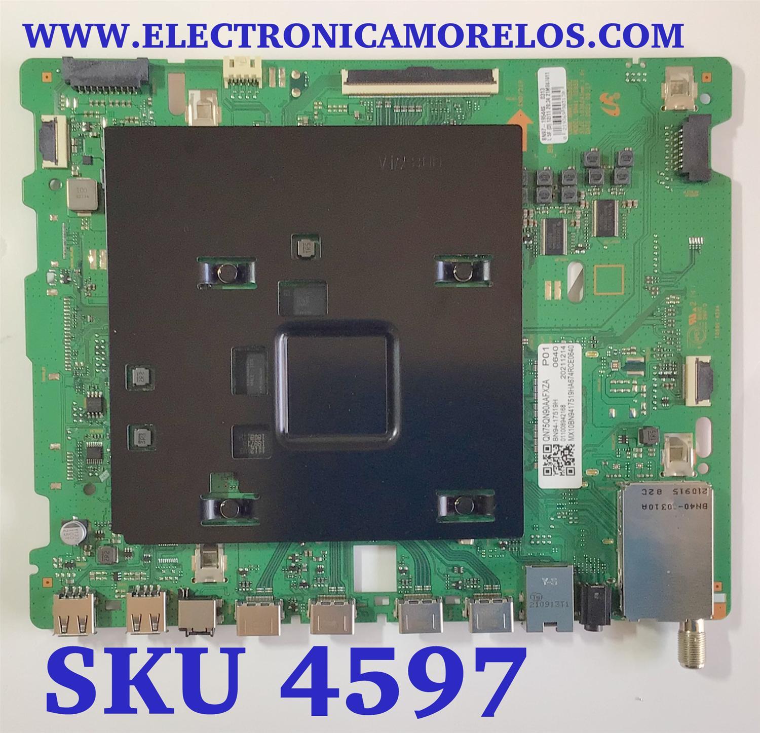MAIN PARA SMART TV SAMSUNG QLED 4K RESOLUCION ( 3840x2160 ) NUMERO DE PARTE BN94-17519H / BN41-02855C / BN9417519H / 17519H / BN97-19544S / 011008942168 / PANEL CY-TA075FLHV4H / DISPLAY ST7561D02-P / MODELO QN75QN90AAFXZA CD04